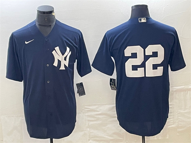Men's New York Yankees #22 Juan Soto Navy Cool Base Stitched Baseball Jersey